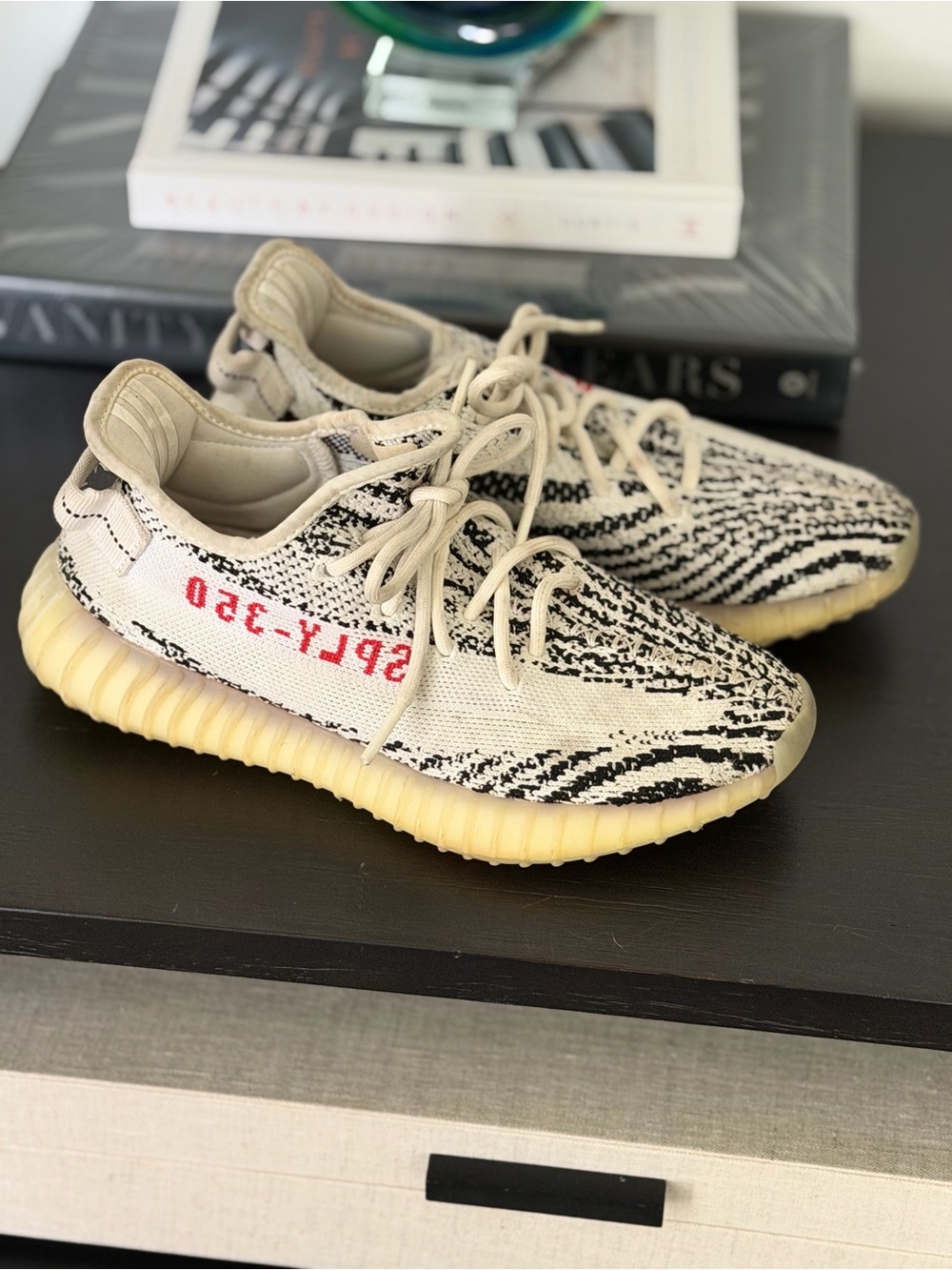 Yeezy Kids Cream, Black & Red Accent Sneakers